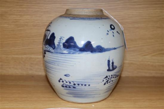 A 19th century Chinese famille rose dish and a blue and white jar dish diameter 23cm